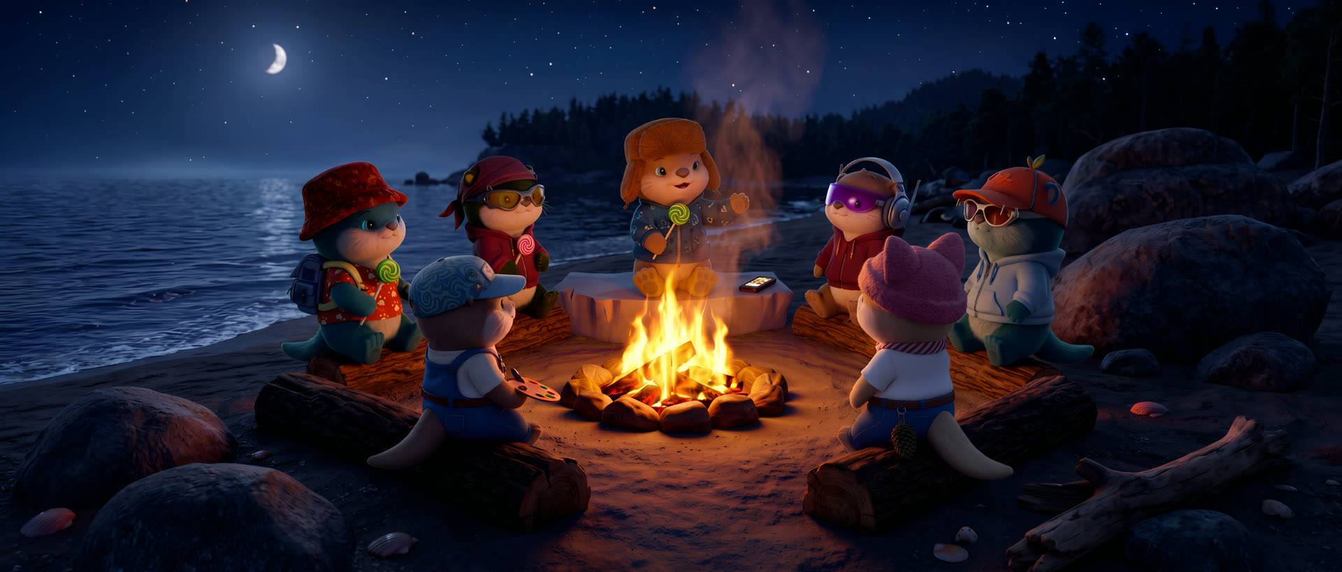 Lost Otters gathered around a campfire on their island at night