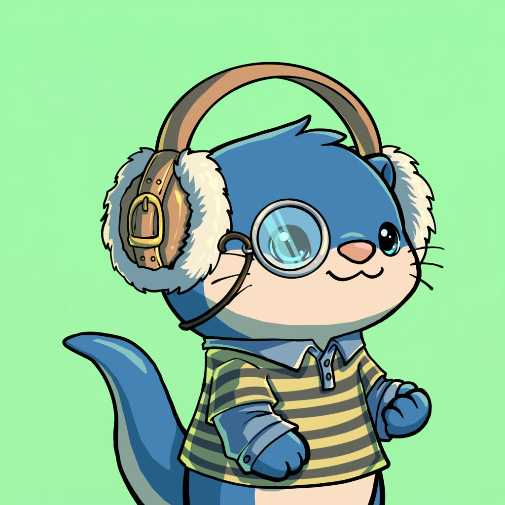 Green Lost Otter wearing headphones and orange goggles